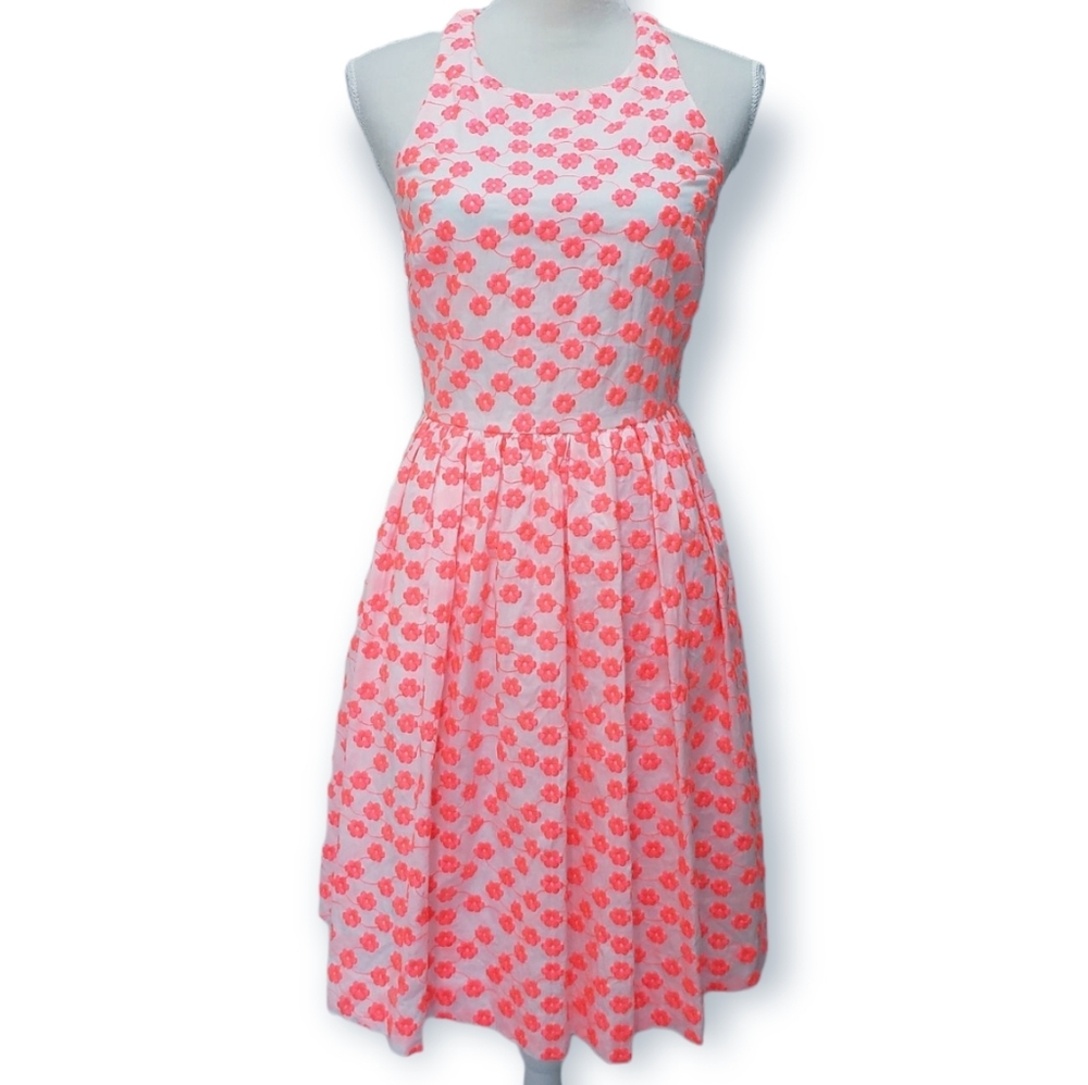 J. Crew Neon Pink Floral Embroidered Halter Racer Dress with Pockets - Picture 1 of 8